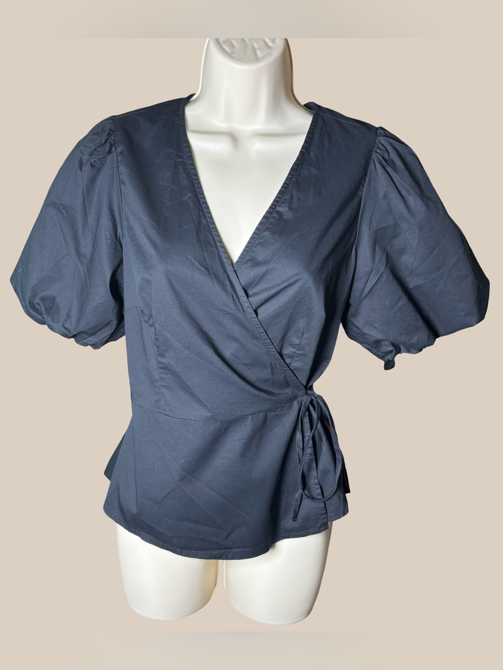 Old Navy Women's Waist Defined Puff Sleeve Wrap Blouse Black V-Neck Tie Side M